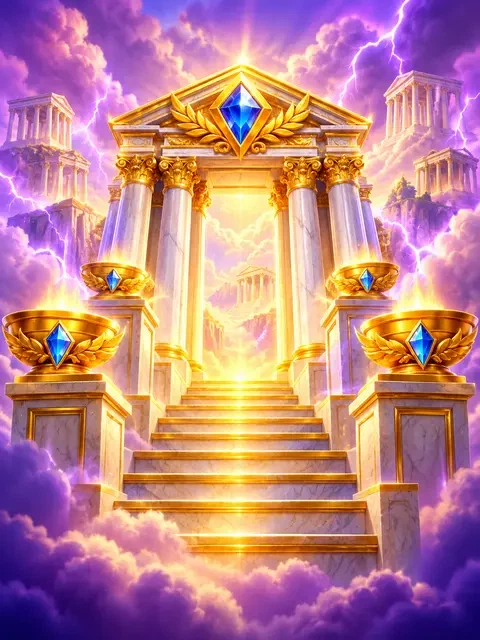 Olympian temple with gold columns and purple lightning, inspired by Gates of Olympus Super Scatter