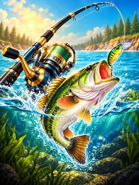 Bass leaping beside a fishing rod and reel in a blue river, inspired by Big Bass Reel Repeat