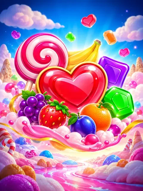 Colourful lollipops and fruit in a candy landscape, inspired by Sweet Bonanza