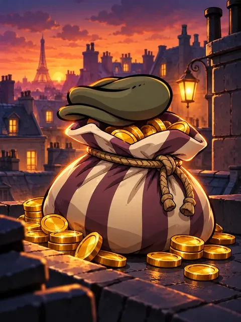 Parisian rooftops with a hat, striped sack and gold coins, inspired by Le Bandit