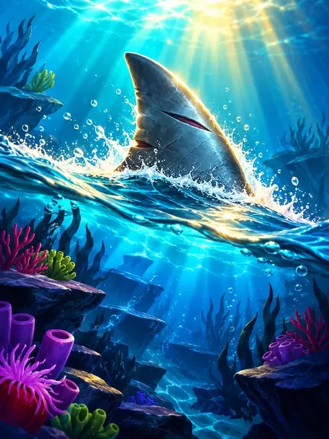 Shark fin in turquoise water with underwater plants, inspired by Razor Shark