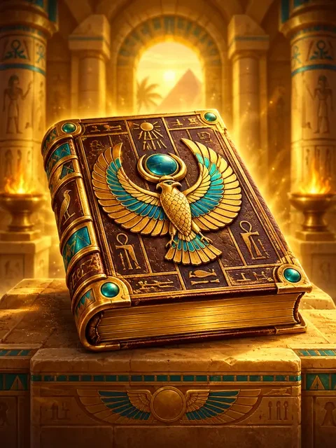 Decorated ancient book inside an Egyptian temple, inspired by Book of Dead
