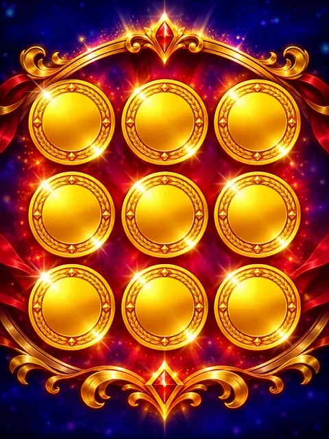 Nine blank gold coins against ruby and purple light, inspired by 9 Coins Hold the Jackpot