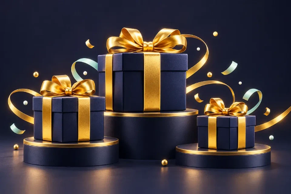 Three navy gift boxes with gold ribbons
