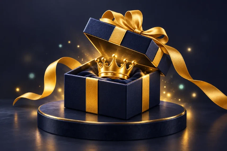 Open navy gift box with a gold crown