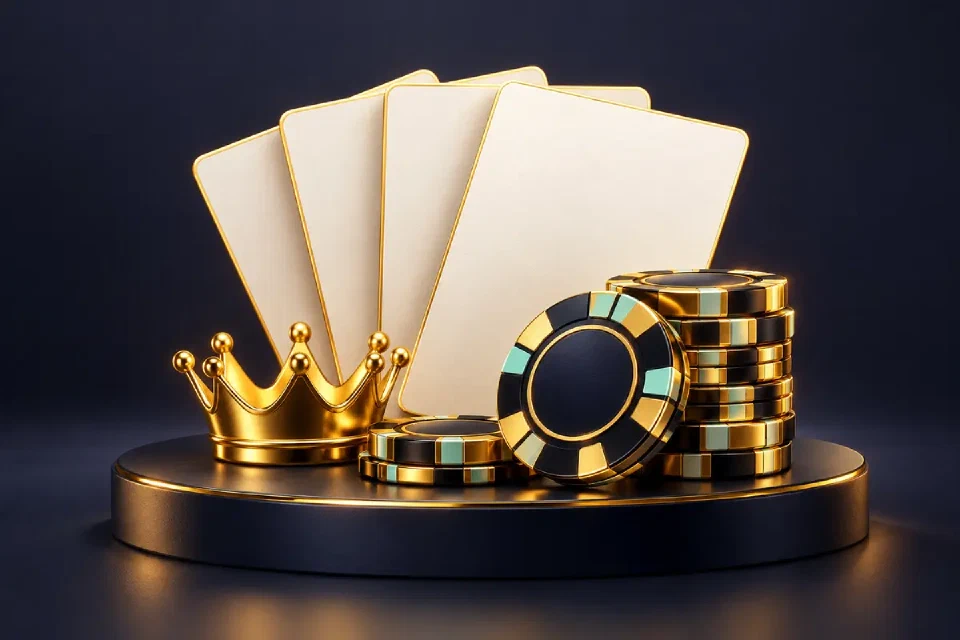 Gold crown, blank playing cards and casino chips on a navy pedestal
