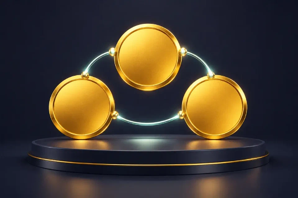 Three gold medallions joined by mint arcs