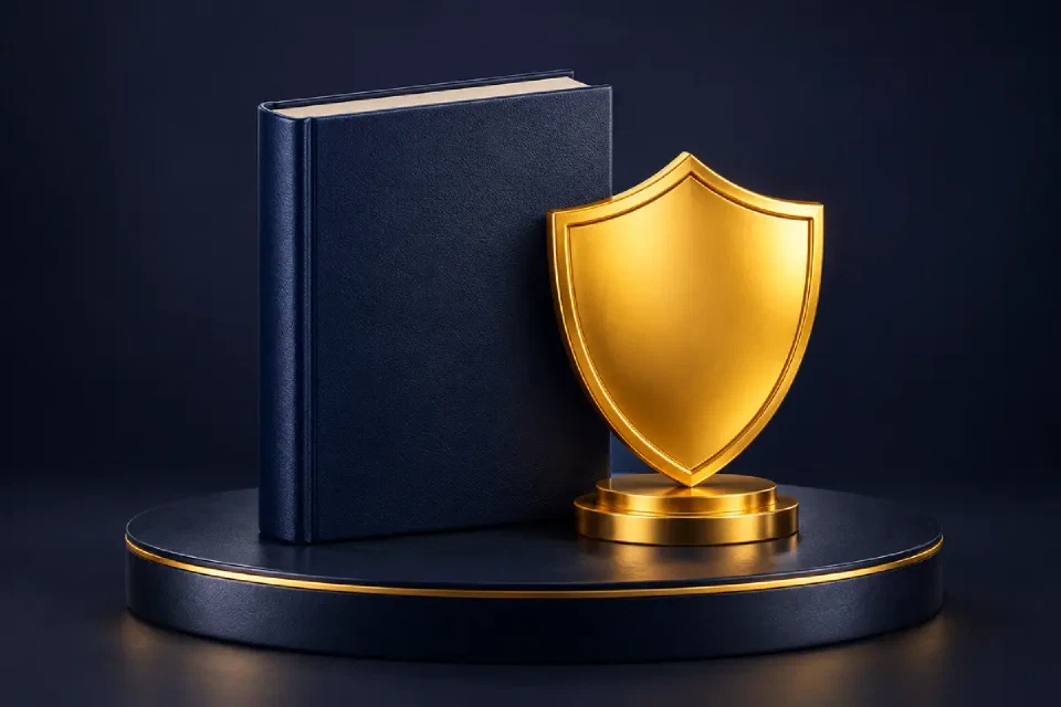 Closed navy book beside an unmarked gold shield