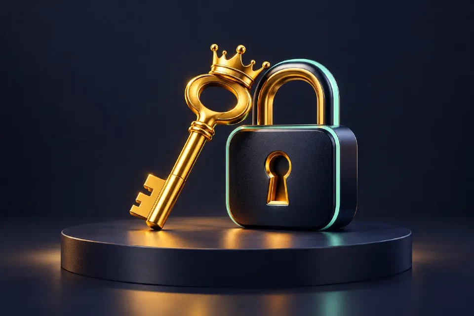 Gold key and navy padlock on a dark background