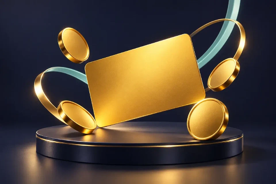 Blank gold payment card and round tokens