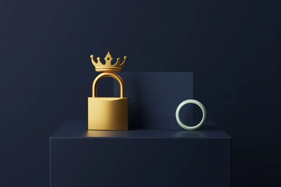 Gold padlock beside a blank navy card