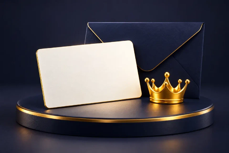 Blank membership card, gold crown and navy envelope