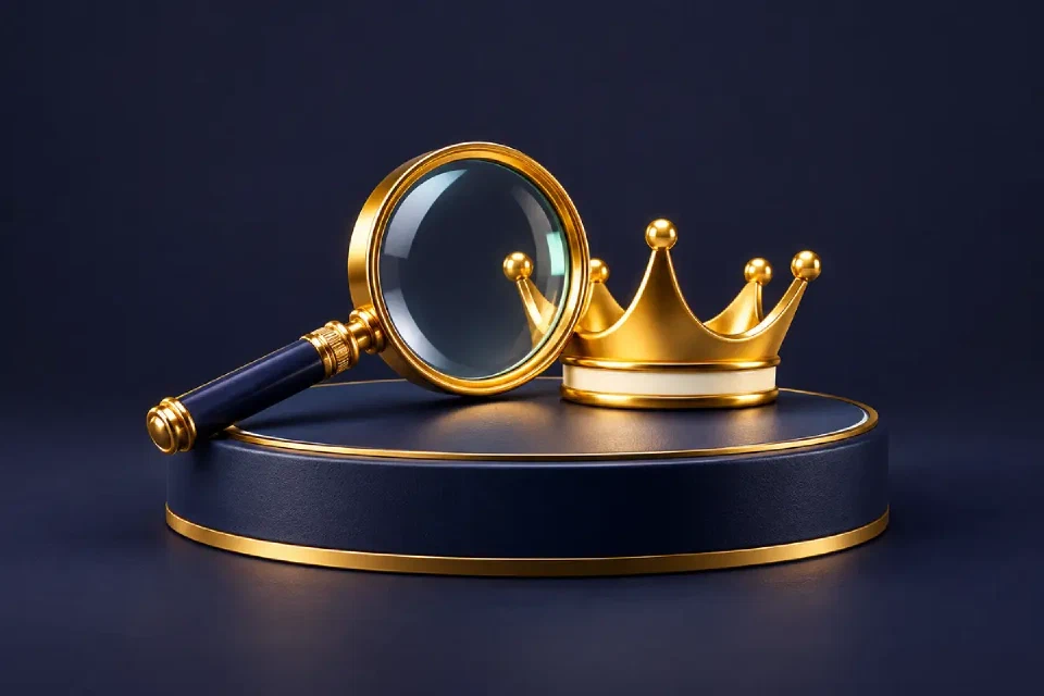 Gold magnifying glass and crown