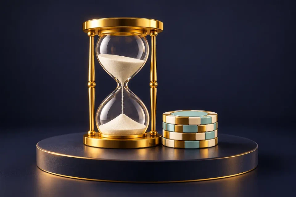 Gold hourglass and a small stack of casino chips