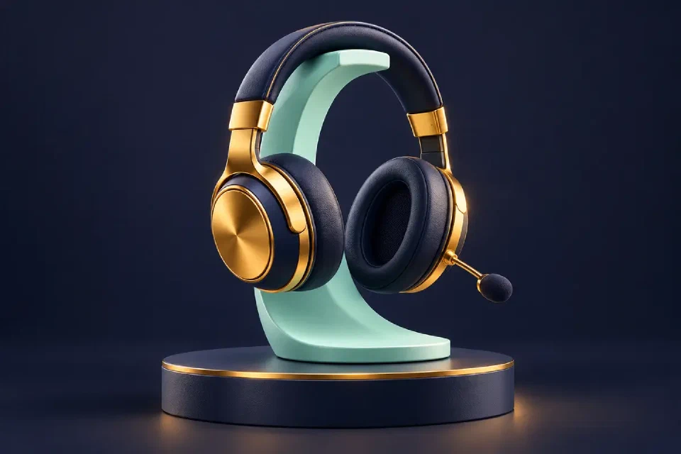 Gold and navy headset on a mint stand