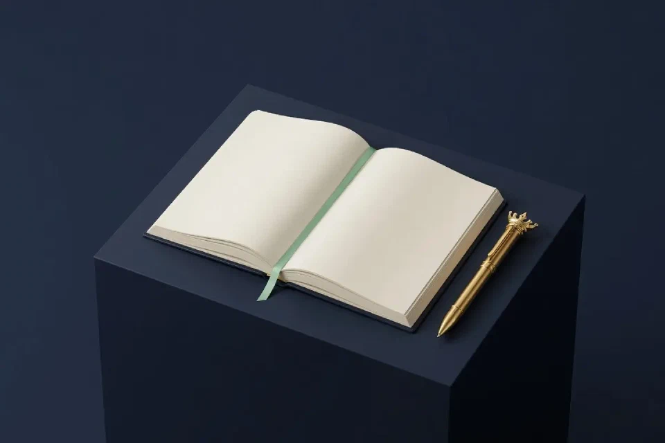Open book with blank pages and a gold pen